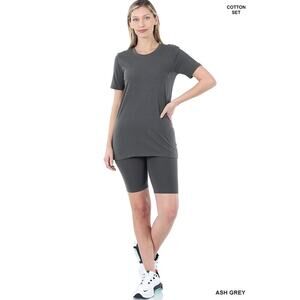 Cotton Crew Neck Short Sleeve top & biker Shorts set (Ash Grey)-Medium